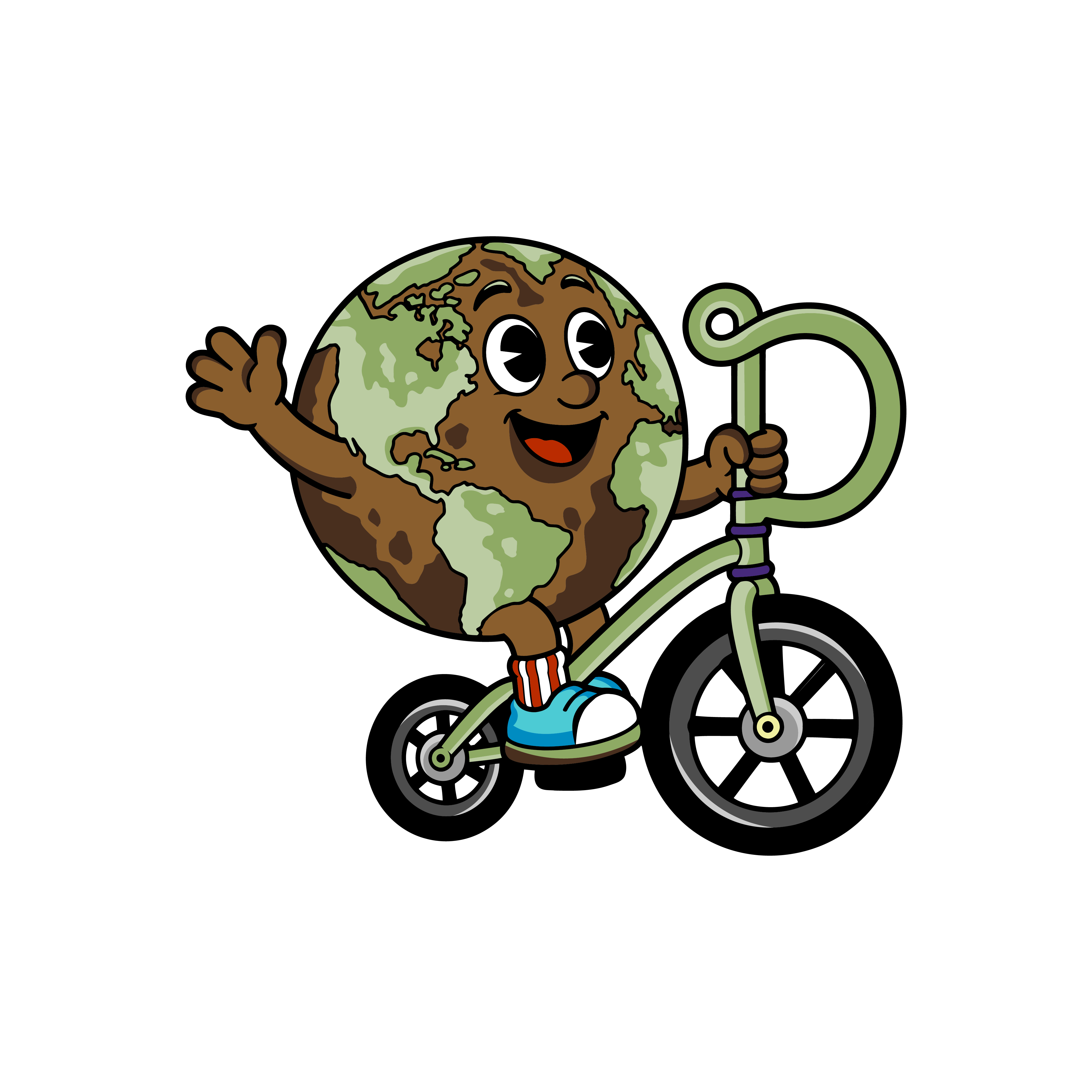 Our Phalt mascot: a smiling globe riding a bicycle